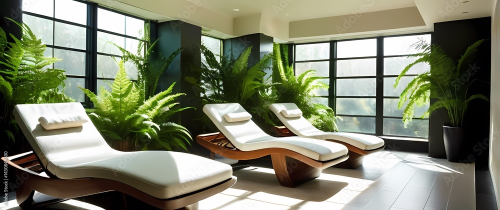 Spa space with modern clean line chaise loungers accented by green indoor ferns and soft filtered sunlight below large windows