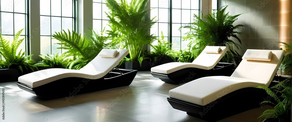 Spa space with modern clean line chaise loungers accented by green indoor ferns and soft filtered sunlight below large windows