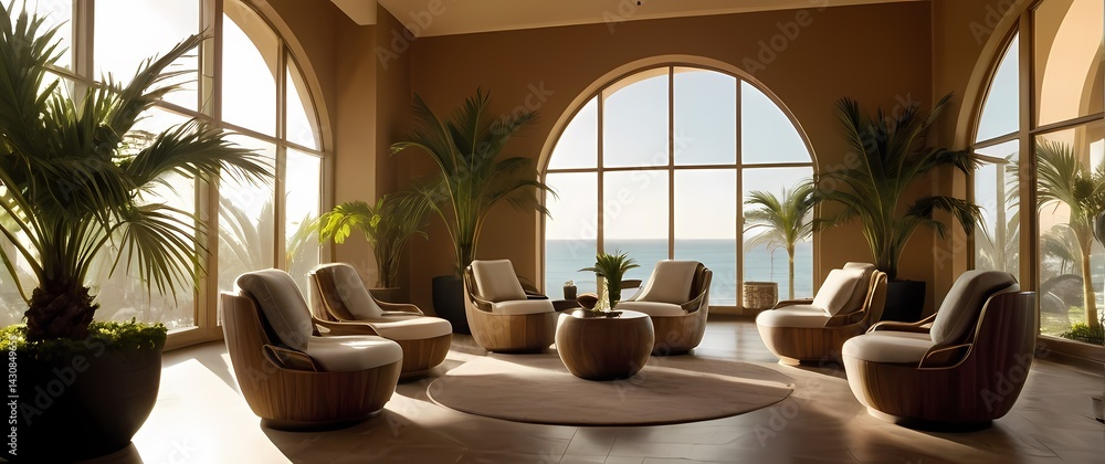 Spa setting with soft fabric chairs surrounded by potted palms and large windows filtering warm light