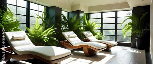 Obraz na płótnie Spa space with modern clean line chaise loungers accented by green indoor ferns and soft filtered sunlight below large windows w salonie