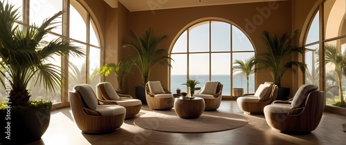 Obraz na płótnie Spa setting with soft fabric chairs surrounded by potted palms and large windows filtering warm light w salonie