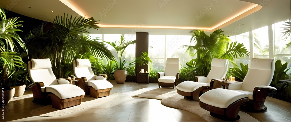 Spa room with white comfortable chairs set among tropical plants bathed in soft filtered daylight