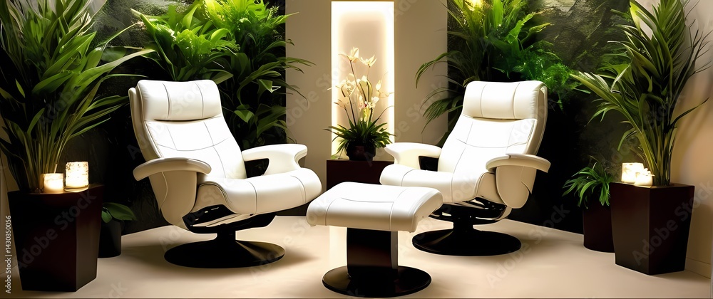 Spa room corner featuring comfortable white leather recliners surrounded by tall flowering plants and natural decor