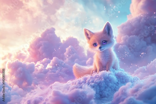 An adorable fox kit with vibrant purple eyes sits atop a fluffy cloud in a dreamy pastel sky.