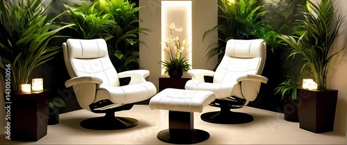 Obraz na płótnie Spa room corner featuring comfortable white leather recliners surrounded by tall flowering plants and natural decor w salonie