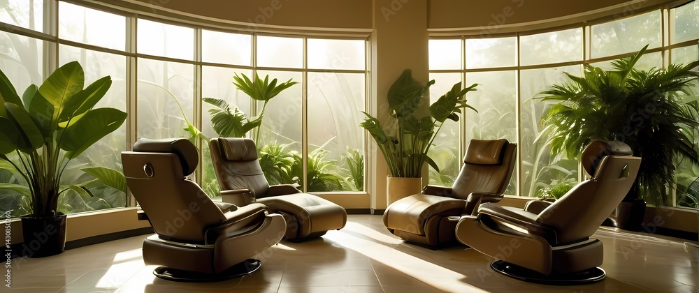 Spa room bathed in warm light with chic cushioned recliners and towering green leafy plants by wide glass windows