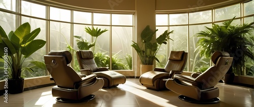 Obraz na płótnie Spa room bathed in warm light with chic cushioned recliners and towering green leafy plants by wide glass windows w salonie