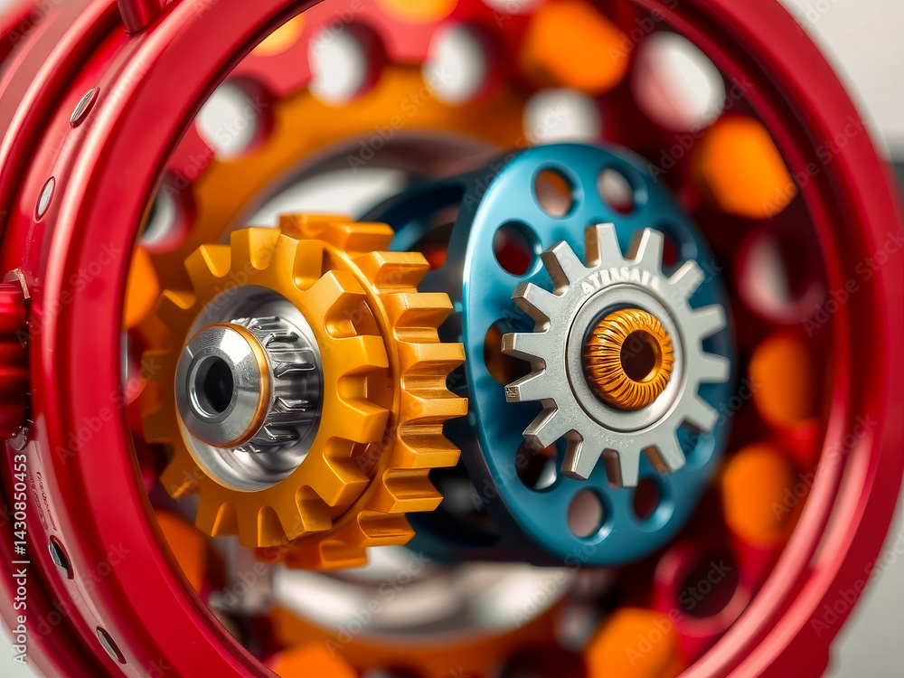 A red and blue gear with a yellow gear in the middle. The gears are spinning and the blue gear is slightly larger than the yellow one