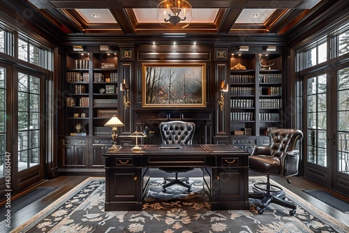 A stunning home office with dark oak wood bookshelves, a polished desk, leather chairs, and a statement art piece above the desk, bringing a touch of grandeur to work life 