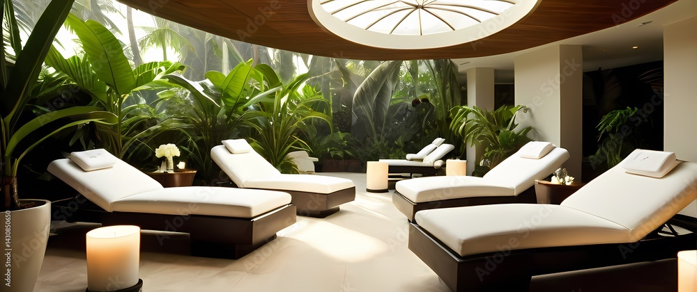 Spa lounge with white cushioned chairs overlooking tropical plants bathed in gentle daylight streaming in