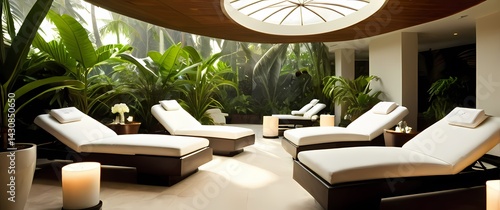 Spa lounge with white cushioned chairs overlooking tropical plants bathed in gentle daylight streaming in