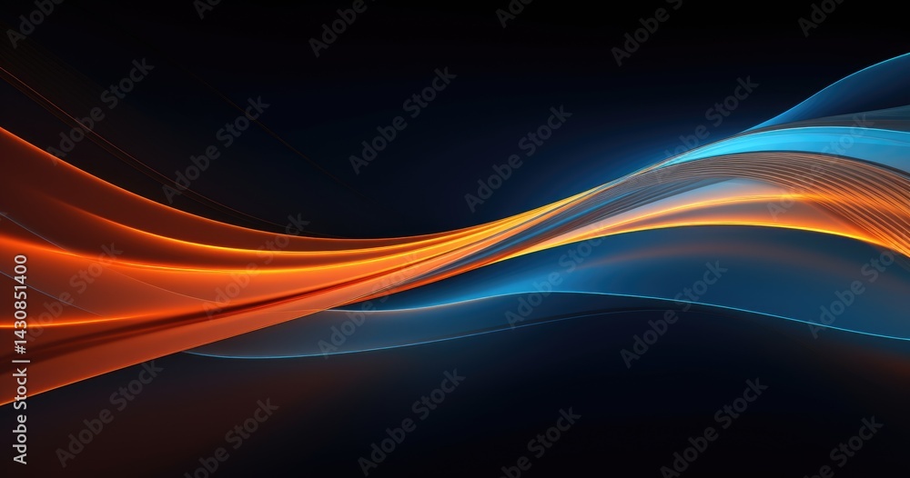 Naklejka premium abstract background with blue and orange light streaks, silhouette of a spaceship on the right side