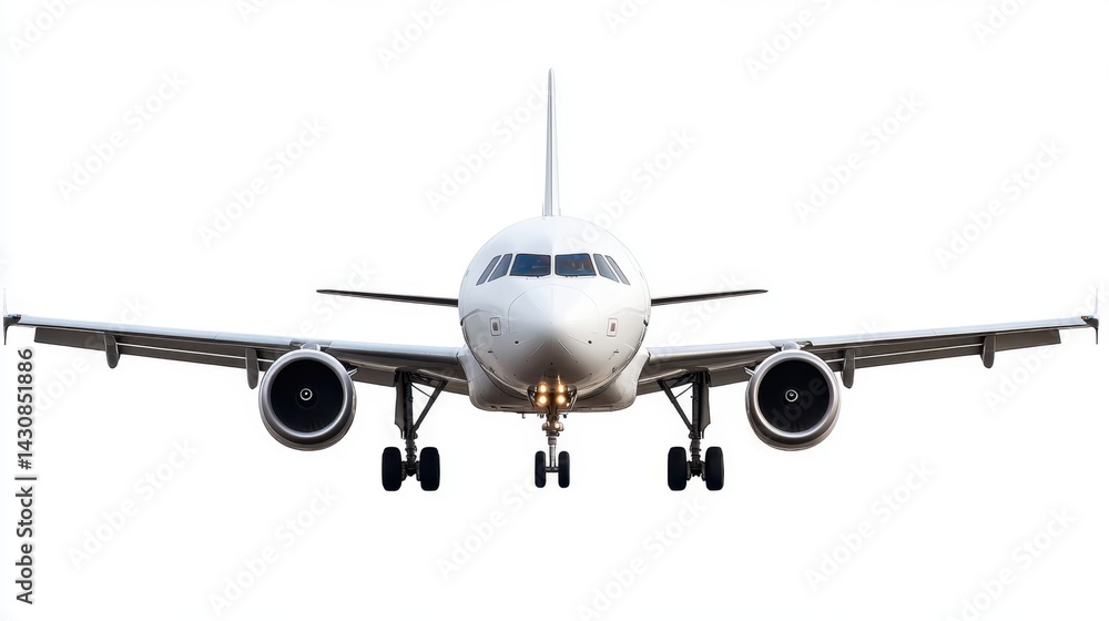 A commercial airplane is captured head-on in mid-flight with landing gear down, isolated against a white background