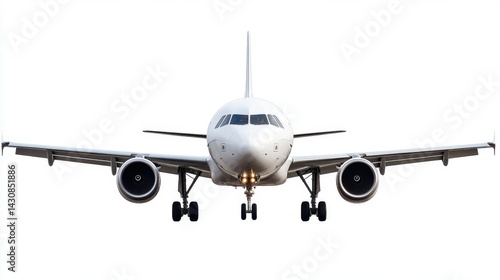 Obraz na płótnie A commercial airplane is captured head-on in mid-flight with landing gear down, isolated against a white background w salonie