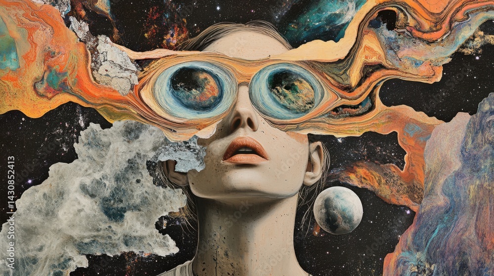 collage of a woman staring into space with cosmic swirls forming oversized glasses that reflect planets and galaxies around her