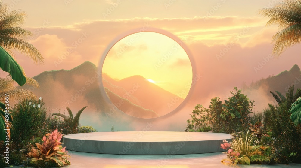 A surreal tropical landscape with a circular stage surrounded by lush plants, framed by a glowing sunset