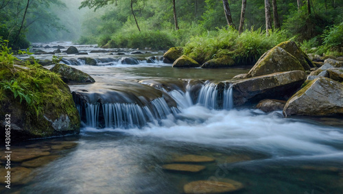 Flow of water over natural stone, capturing soft mist rising in a peaceful natural setting.