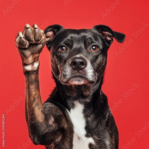 A black and brown dog with expressive amber eyes raises its paw confidently against a bold red background