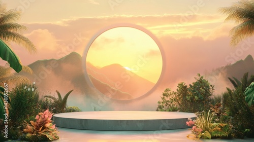 Obraz na płótnie A surreal tropical landscape with a circular stage surrounded by lush plants, framed by a glowing sunset w salonie