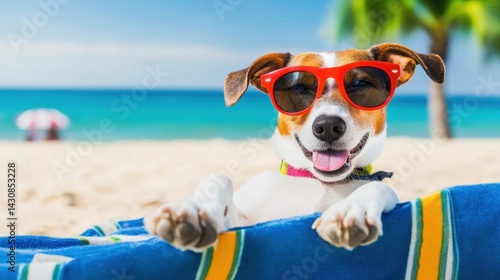 dog in red sunglasses relaxes on a beach towel with a bright blue sea and palm trees in the background