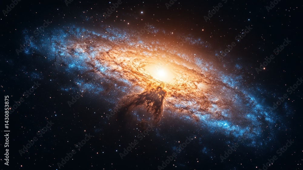 Fototapeta premium Majestic spiral galaxy in deep space. Vibrant hues of orange, yellow, and blue spiral arms against a backdrop of countless stars. Intense light source in the center