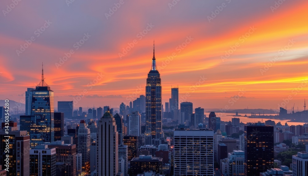 Fototapeta premium City skyline at sunset, glowing skyscrapers under orange and pink sky