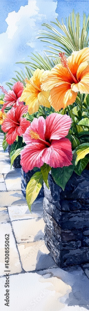 Obraz premium Vibrant Hibiscus Flowers in Stone Planters.
