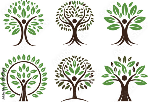 Set of 6 Abstract Tree and Human Symbols – Eco Friendly Vector Icons with Nature Inspired, Minimalist Design for Sustainability & Growth 