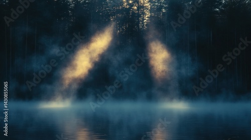 Wallpaper Mural Misty forest lake sunrise.  Sunrise breaking through fog over a still lake, with dark trees lining the shore Torontodigital.ca