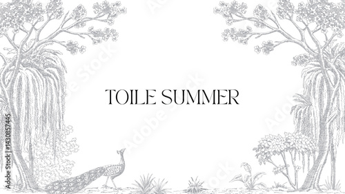 Classic toile peacock bird, floral trees, willow, plants botanical frame. Park landscape mural.