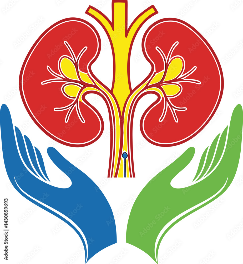 Obraz premium Stylized kidney illustration bright red kidney on hands vector illustration