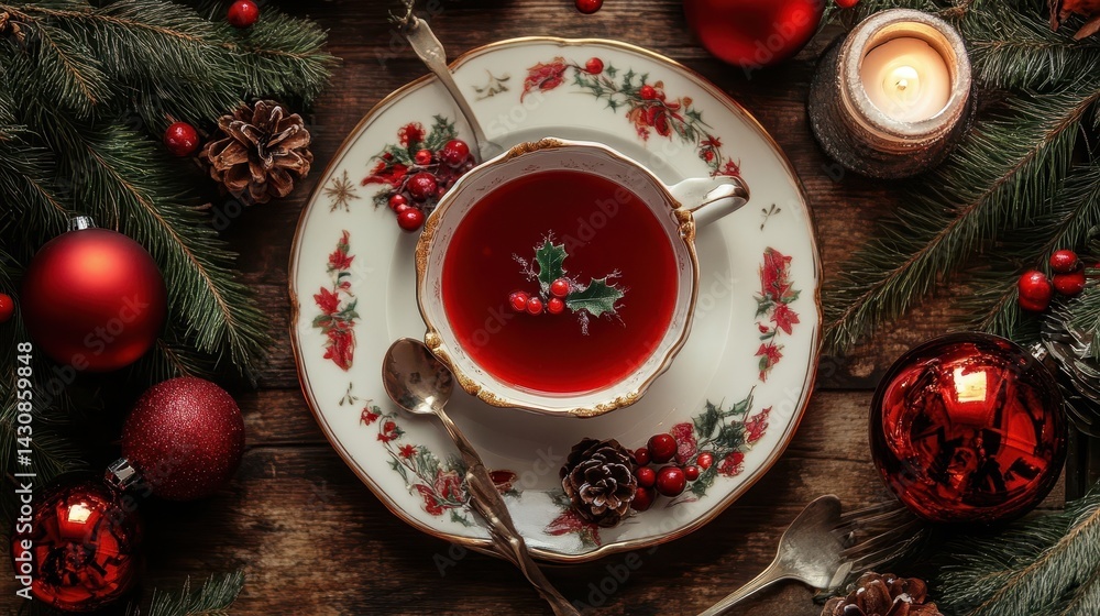 Festive Christmas teacup with crimson berry soup. Festive Christmas teacup with crimson berry soup.