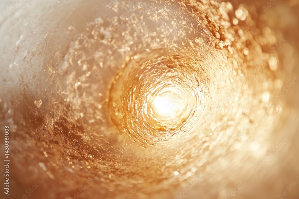 Fototapeta premium Golden light at the end of a swirling tunnel of water, creating a mesmerizing abstract scene.