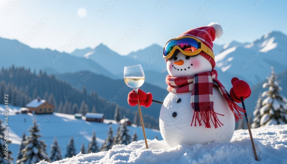 Obraz premium Snowman enjoying a glass of wine in a winter wonderland mountain landscape festive cheer bright daylight