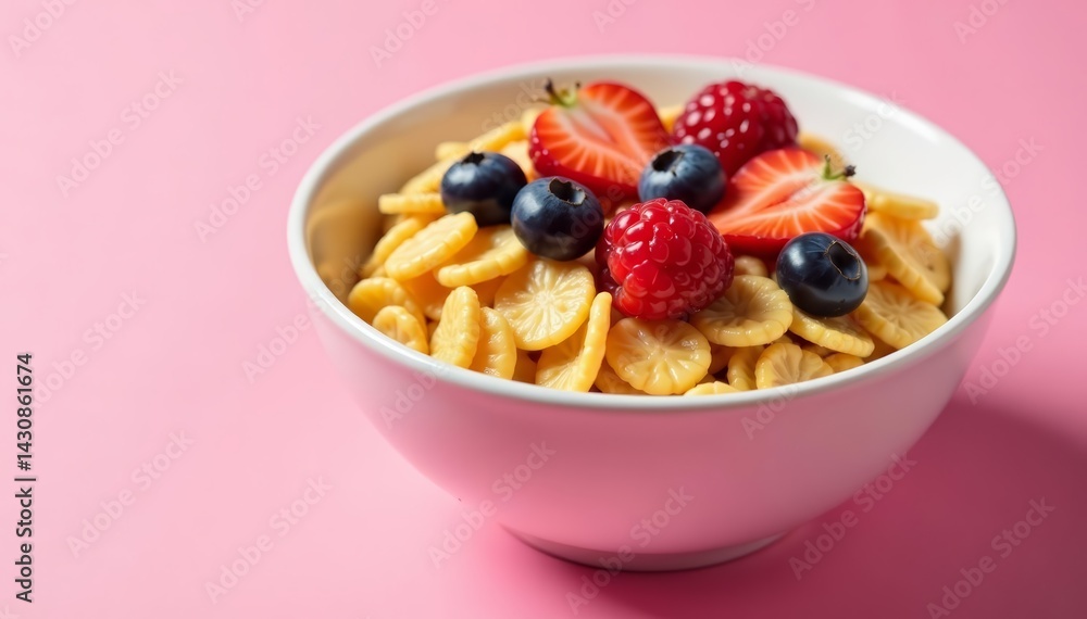 Close-up of a bowl of nutritious breakfast cereal with fresh fruit toppings on pink background, fruit, pink Close-up of a bowl of nutritious breakfast cereal with fresh fruit toppings on pink background, fruit, pink
