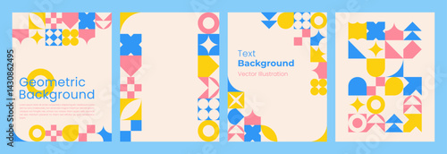 Geometric Abstract Designs with copy space. Colorful Background of simple geometric shapes in swiss style for Banner, Flyer, Cards, Presentation, Website Design, Landing. Vector Vertical template.