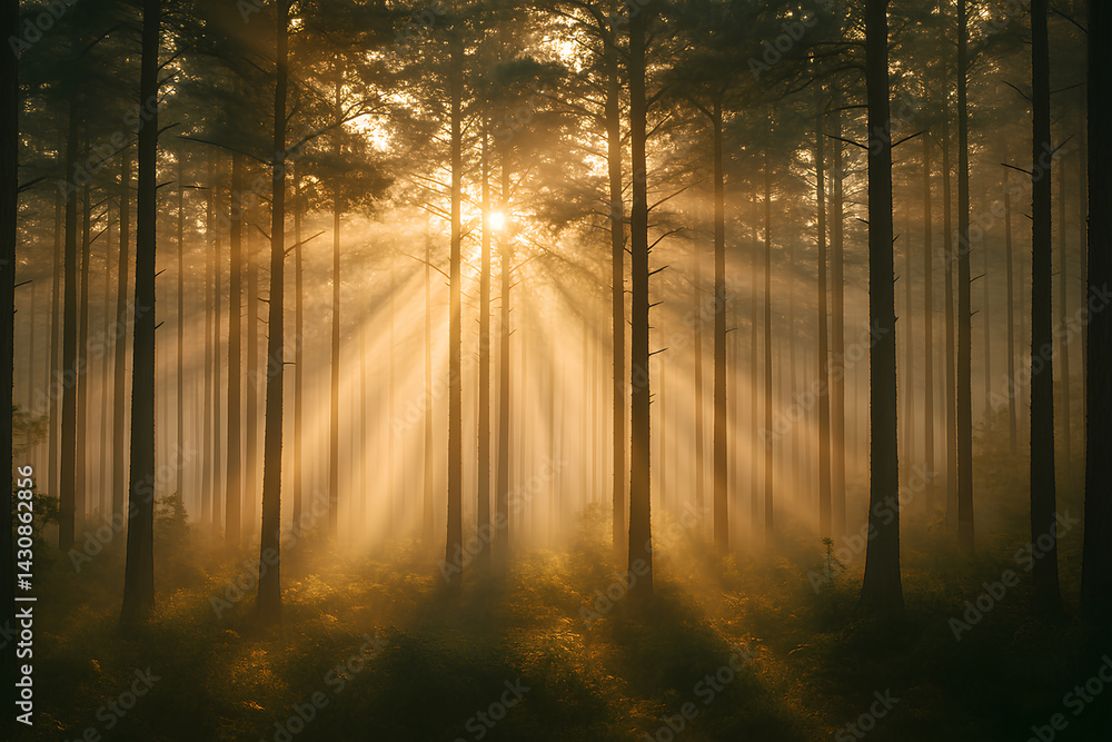 Sunlight Beams Through Misty Pine Forest at Sunrise, Serene Nature Landscape with Golden Rays Sunlight Beams Through Misty Pine Forest at Sunrise, Serene Nature Landscape with Golden Rays
