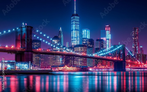 City skyline with a bridge at night, lights reflecting on the water. Skyscrapers illuminate the urban landscape