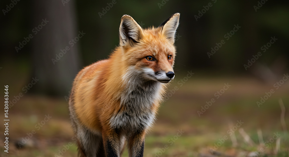 Alert red fox standing in the forest looking to the side in nature Alert red fox standing in the forest looking to the side in nature
