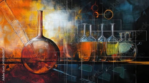 Abstract Art of Laboratory Chemistry with Colorful Glassware and Liquid