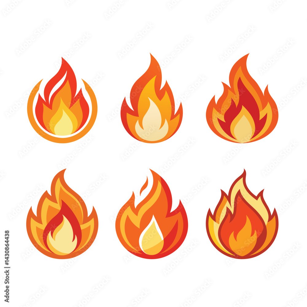 Fire icon set isolated on a white background, Fire icon set isolated on a white background,