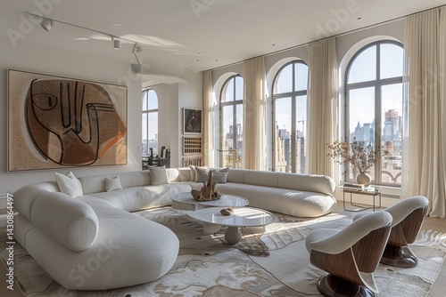 A chic and modern apartment with a neutral color scheme, minimalist furniture, and carefully selected art pieces, paired with state-of-the-art appliances and a cozy atmosphere