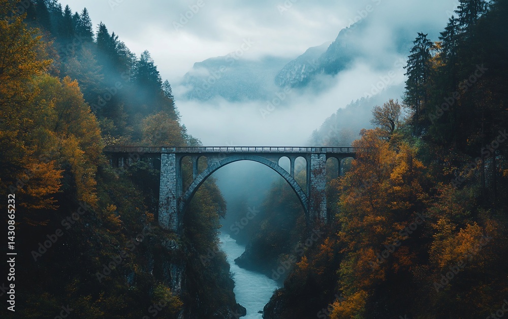 Fototapeta premium Scenic bridge over a misty river between autumn-colored trees and mountains