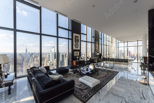 A chic apartment with floor-to-ceiling windows offering panoramic views, black and white contemporary furniture, and carefully curated art pieces adorning the walls