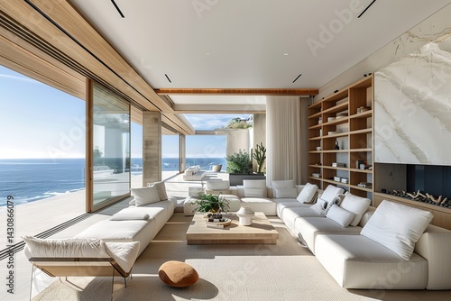 A chic, minimalist luxury home with open shelving, light wood accents, and sleek white furniture, enhanced by large windows providing panoramic views of the ocean 
