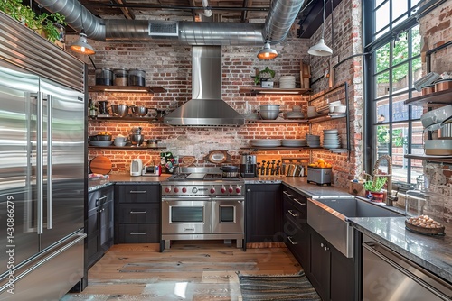 A chic urban kitchen with industrial elements, exposed brick walls, stainless steel shelving, and a black-and-white color palette, highlighted by sleek modern appliances