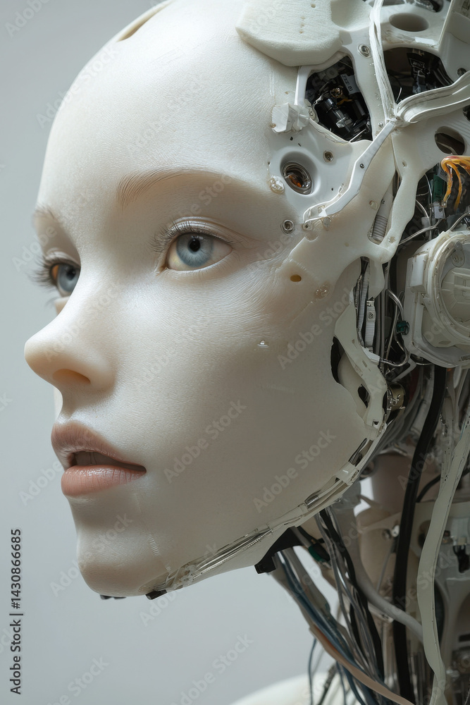 Close-Up of White Robot with Humanlike Features and Connected Cable Close-Up of White Robot with Humanlike Features and Connected Cable