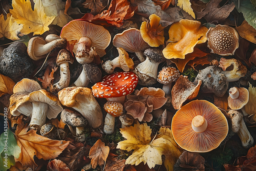 Autumnal forest floor teeming with various mushrooms and colorful leaves. Autumnal forest floor teeming with various mushrooms and colorful leaves.