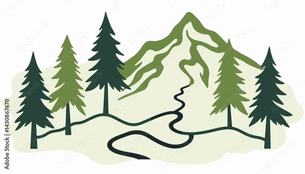Obraz premium Minimalist hiking trail map illustration with trees and mountains, adventure