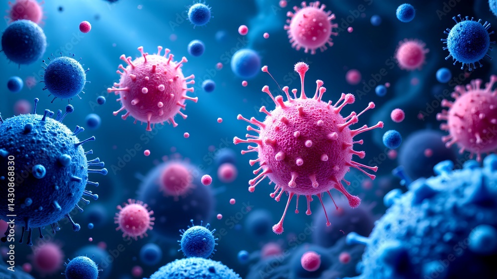 A vivid microscopic view of viruses, showcasing colorful spherical shapes with spikes against a dark backdrop, highlighting their complexity and beauty. A vivid microscopic view of viruses, showcasing colorful spherical shapes with spikes against a dark backdrop, highlighting their complexity and beauty.